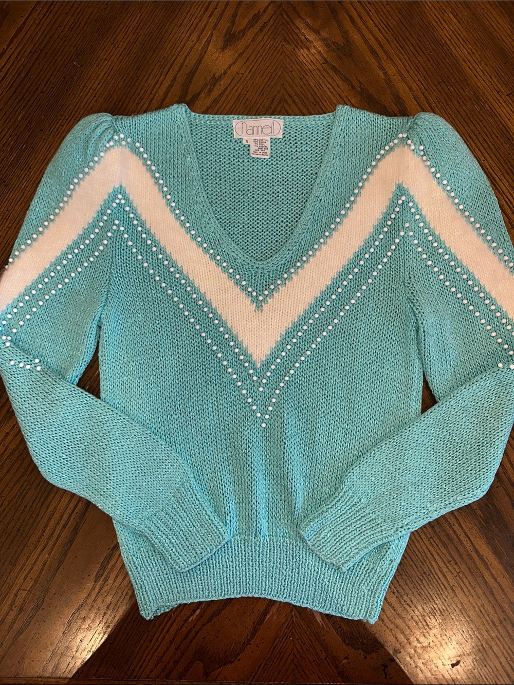 Vintage Nannell Aqua & Cream V‑Neck Sweater Embellished - Shoulder Pads!